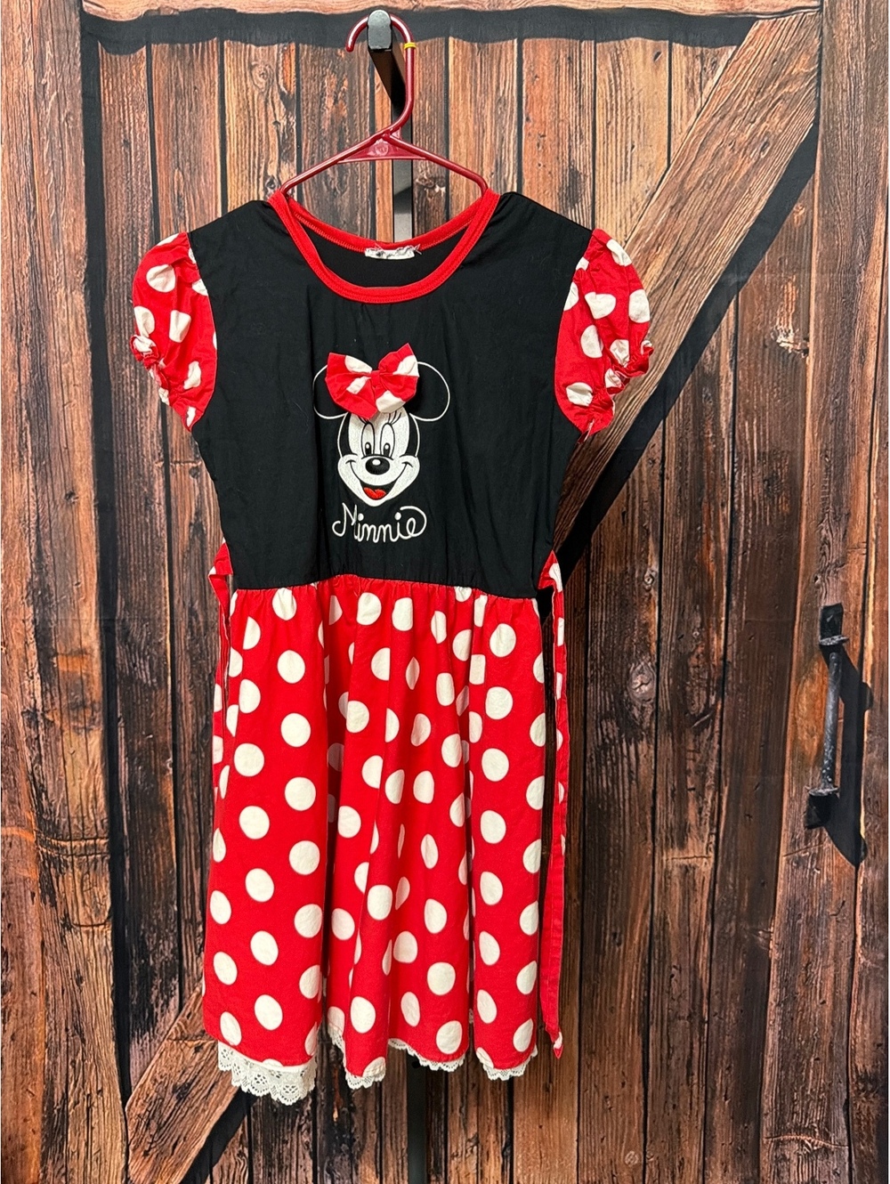 Girls Minnie Mouse Red and Black Polka Dot Dress with Bow Accent